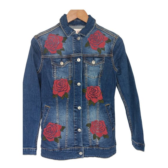 LuLaRoe JAXON Jean Denim Jacket Embroidered Red Roses Womens Size xs - Picture 7 of 8